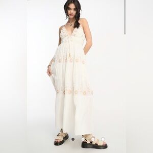 Free People XS Ivory Gauze Embroidered maxi with smocking for adjustability